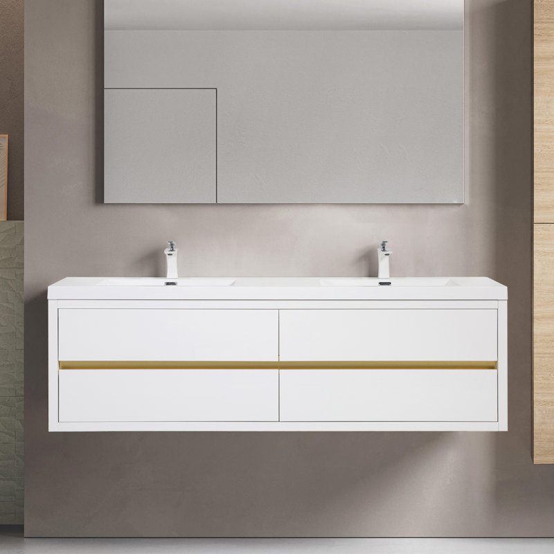 Meuble-lavabo mural 72 po, brillant, Blanc