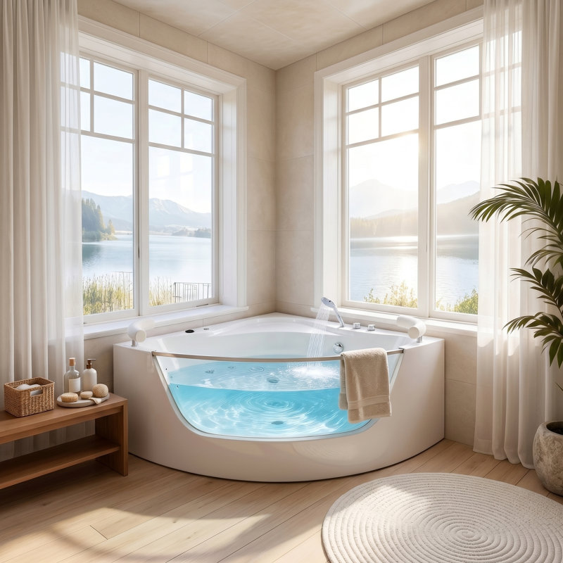 59" Corner Whirlpool Bathtub for 2 Person with 16 Adjustable Jets White Acrylic Jetted Soaking Tub