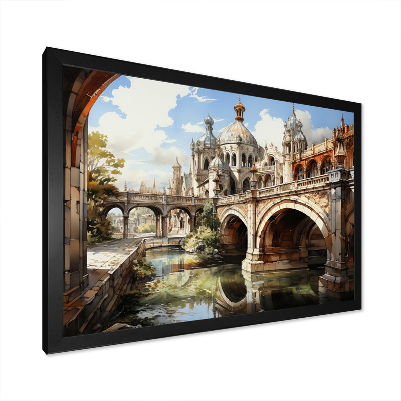 «Beige Bridge Architectural Marvel», reproduction sur toile, H 34 po x l 44 po x P 1,5 po, Cadre photo noir