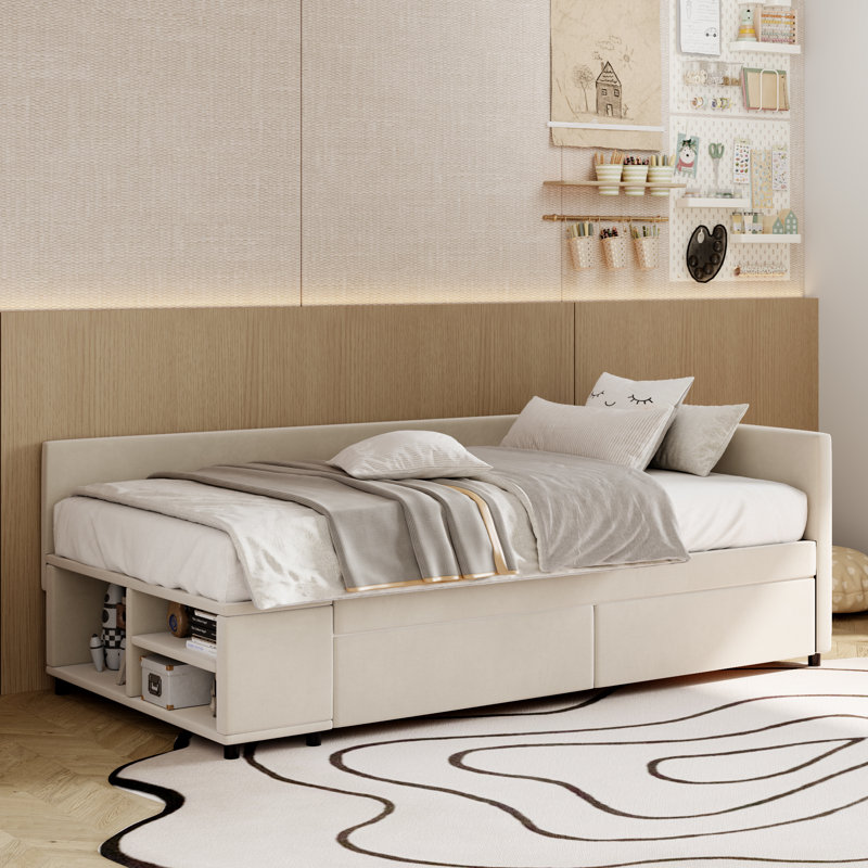 Lit plateforme simple tapissier en forme de L avec rangement et tiroirs, Beige