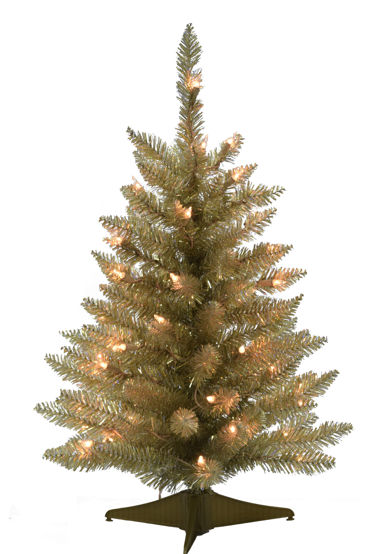 Set of 2 LED Pre-Lit Gold Mini Bottle Brush Pine Christmas Village Trees