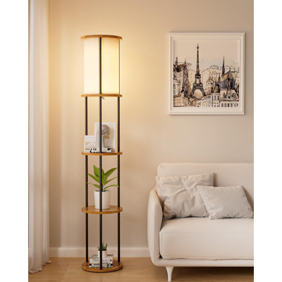Lightdot 61IN 3-Tier Shelf Floor Lamp With E26 Bulb Included, Black Standing Lamp For Living Room, Bedroom, Sofa Corner - Sturdy Wood Design With Fabric Lampshade