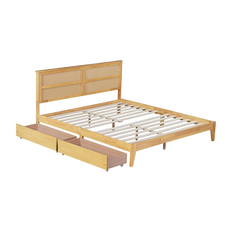 Lit très grand avec tête de lit en rotin, deux tiroirs de rangement, lit en bois d'hévéa avec lattes et pieds à support amélioré, chêne blanc