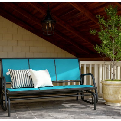 Balancelle coulissante pour l'extérieur, 3 sièges, tissu maillé, structure en métal, gris, balançoire en douceur, grand patio et bord de piscine, L 57,9 po x l 27,6 po H 33,5 po, banc d'extérieur d'une capacité de 660 lb avec tissu respirant bleu