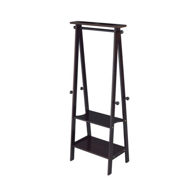 Tringle à vêtements suspendue en bois foncé, 150 cm de hauteur, capacité de 34 kg, 3 tablettes, assemblage requis. Étagère en bois nécessaire.