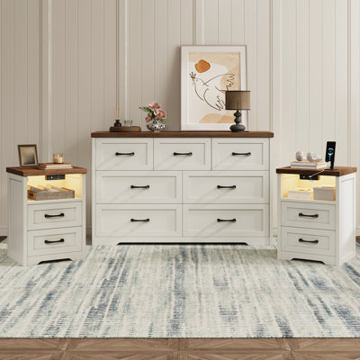 Aeliana 3 Piece Bedroom Dresser Set - 7 Drawer Dresser And 2 Drawer Nightstands With Charging Station,brown/white