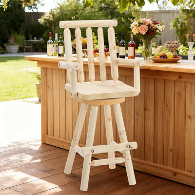 Solid Wood Adirondack Swivel Bar Chair, Rustic Outdoor Log Bar Stool With Slat Back, 500 Lbs Capacity, 29.78" Patio Counter Height Chair For Porch, De