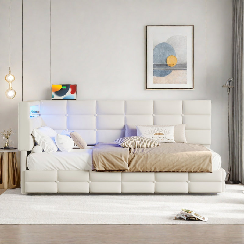 Upholstered Daybed With 2 Drawers, Charging Station, Led Lights, Storage Headboard And Checkered Button Decoration, Beige