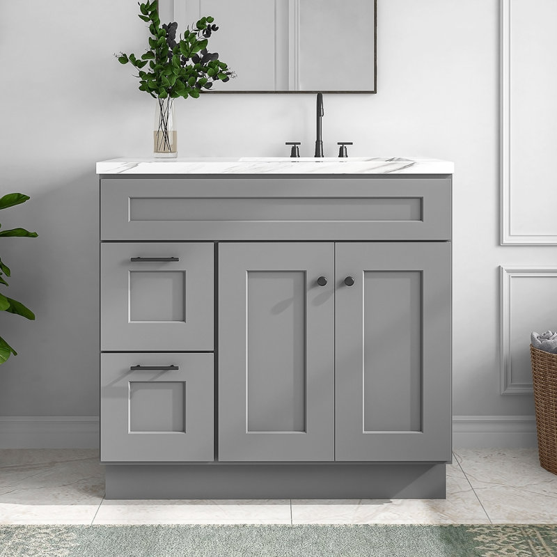 Meuble-lavabo de salle de bain en bois massif prêt à assembler 36 po - comptoir non inclus, Gris