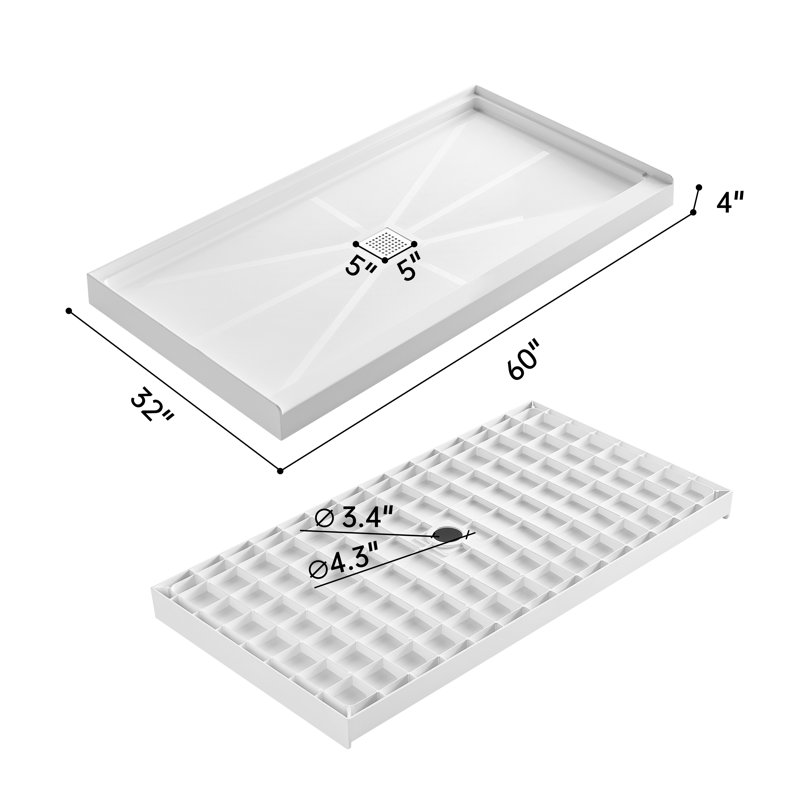 60" X 32" SMC Single Threshold Shower Base, Slip-Resistant, Center Drain