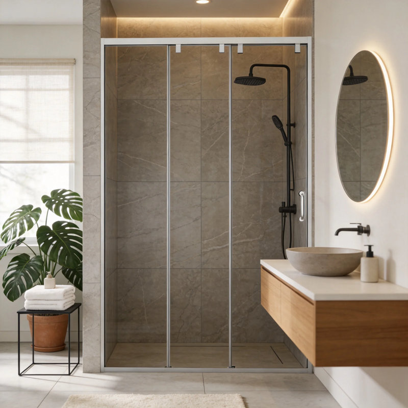 Porte de douche coulissante à triple vantail de 122 cm (L) x 193 cm (H) avec verre clair de 8 mm (5/16 po) et cadre en acier inoxydable chromé