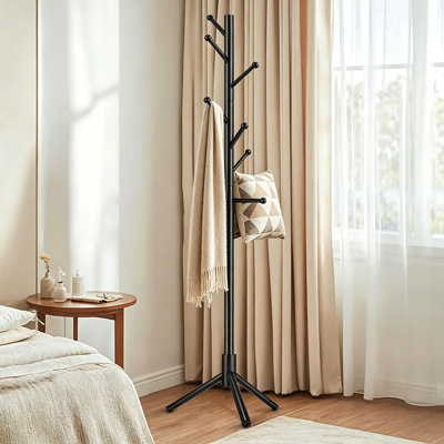 Wooden Coat Rack Freestanding, Adjustable Height Solid Wood Clothes Stand with 8 Ball-End Hooks, Stable Tripod Base, 5.7FT Floor Coat Tree for Entryway Bedroom Office