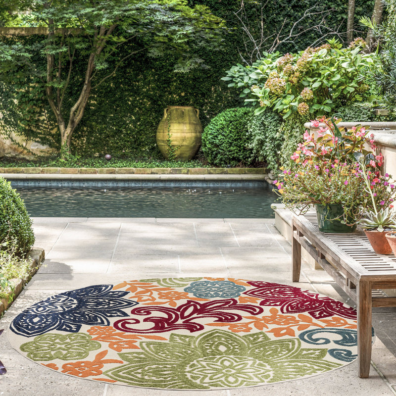 Floral Water Resistant Indoor Outdoor Rugs for Patios, Deck, Porch or Entryway, Round 5'3"