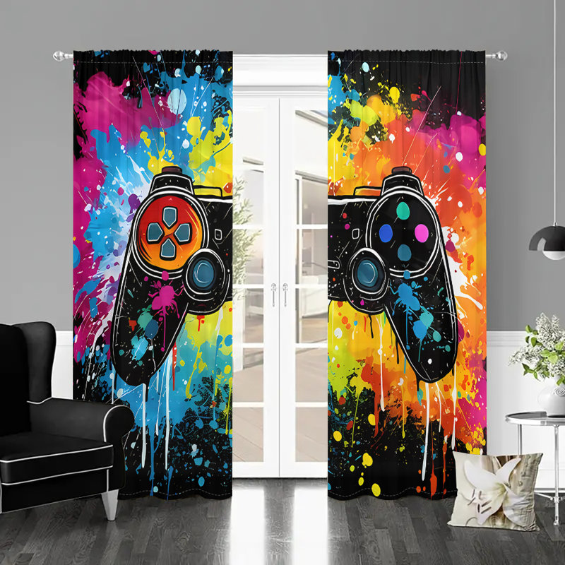 2Pcs Gamer Room Curtains Game Controller Splash Colorful Paint Art Design Rod Pocket Window Panels Blackout Drapes Gaming Theme Decor For Boys Bedroom Living Home