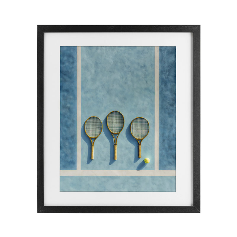 «Tennis Racket Trio», reproduction sous verre encadrée, design par Franklyn Gregory, H 16 po x l 13 po, Cadre noir minuit