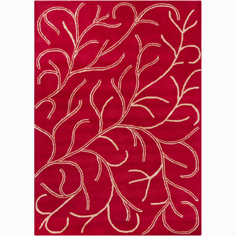 Tapis rouge en laine biologique abstrait et moderne touffeté à la main Adairsville, Rectangulaire 7 pi x 10 pi