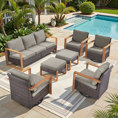 Bothwell 7-Pices Outdoor Sofa Seating Group With Swivel Chairs, Sofa,Ottomans And Cushions