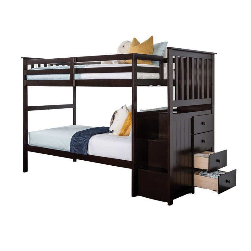 Lit superposé simple Riyo, unité de rangement encastrée, bois franc massif espresso