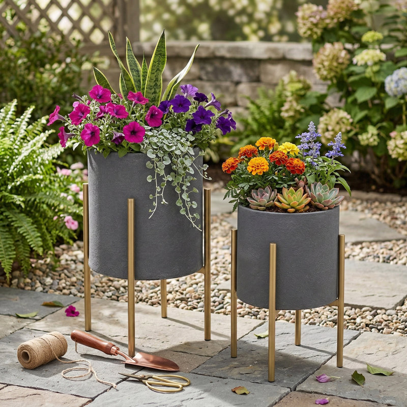 Aideen Metal Planter Pot Set for Indoor & Outdoor Use - Set of 2, Solid Gray