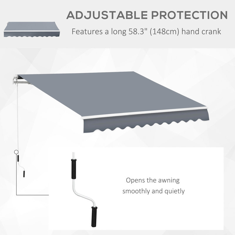 Auvent 10 pi x 8 pi. Gris foncé, tissu d'eau. Cadre en aluminium, manivelle manuelle. Pour le balcon, cour. Réduit le soleil et la chaleur de l'auvent du balcon. Eau. Toile d'ombrage, cour du soleil. Réduire