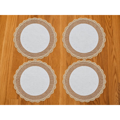 Crown Vintage Rustic Stripe Pattern, Polyester, Lace, Scalloped Lace Border, White , 18" Round, Set of 4, Decorative Place Mats