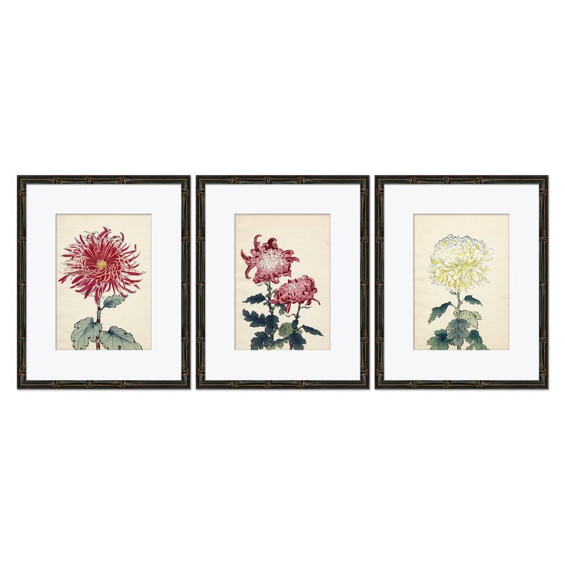 Asian Flower Framed On Paper 3 Pieces Giclee Print