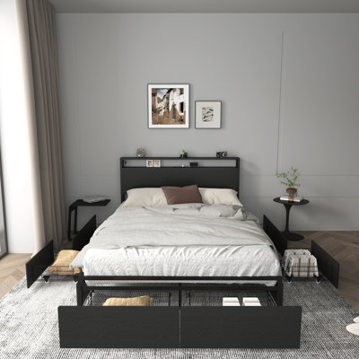 Structure de lit double avec tête de lit, station de charge intégrée, conception silencieuse et assemblage facile pour les chambres à coucher modernes