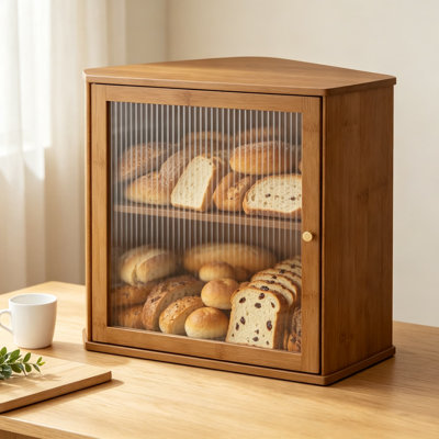 Boîte à pain pour comptoir de cuisine, rangement de pain de coin à 2 niveaux avec porte en acrylique magnétique, organisateur en bambou naturel pour les collations, les pains et le pain fait maison