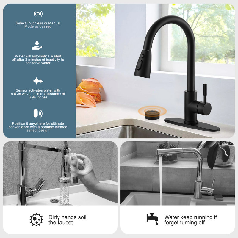 Automatic Smart Mobile Motion Sensor Kitchen Sink Faucet with 3 Modes Pull-Down Sprayer, Matte Black