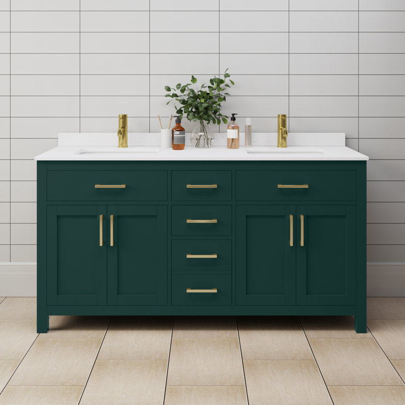 Beckett 66" Freestanding Double Bathroom Vanity with Cultured Marble Top, Green, White Cultured Marble, Brushed Gold