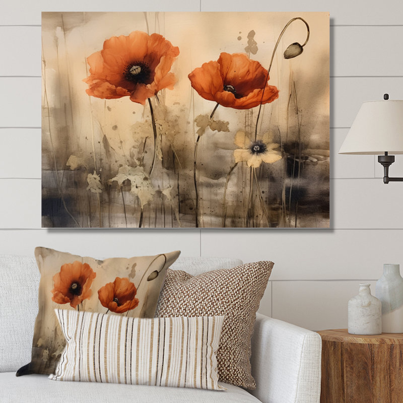 Brilliant Poppies I - Art mural floral, H 16 po x l 32 po x P 1 po, Toile tendue