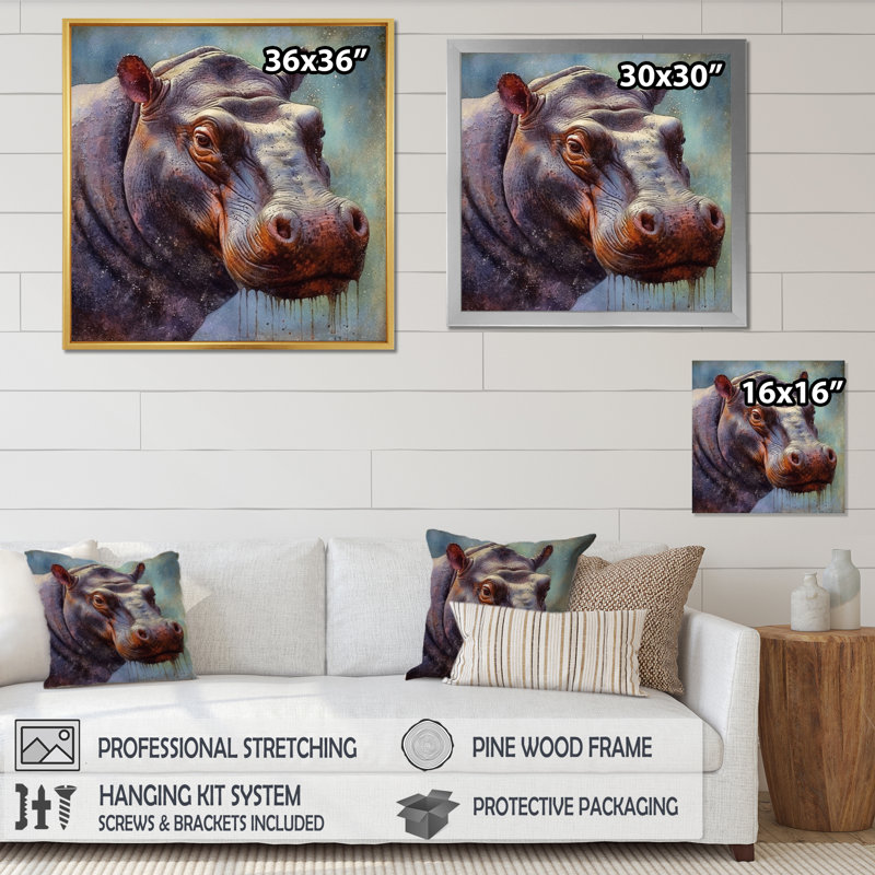 Hippopotame - animaux, art mural sur toile, H 24 po x l 24 po x P 1 po, Cadre doré à une seule photo
