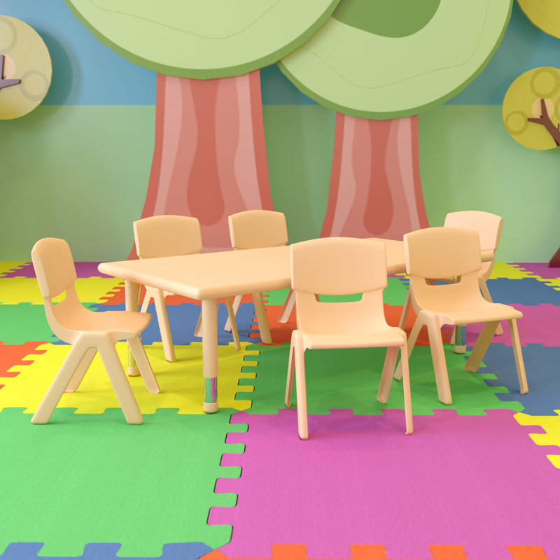 Goddard 7-Piece Rectangle Plastic Kids Activity Table and Chairs Set, Natural