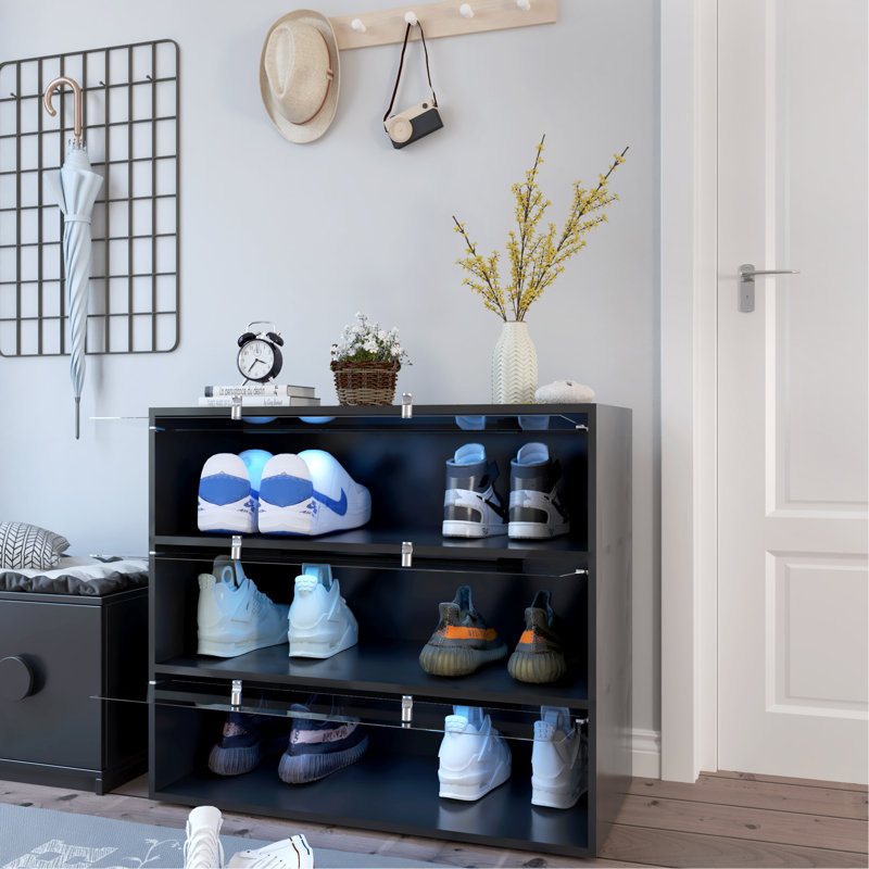 Armoire de rangement à chaussures en verre noir, Noir