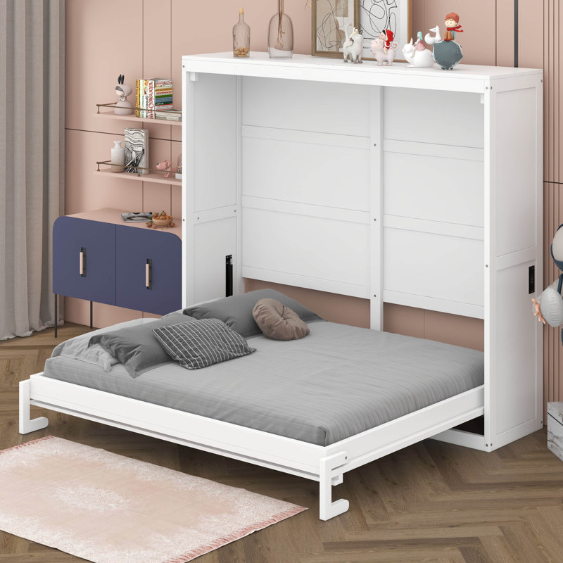 Murphy Bed Cabinet Wall Bed Chest, White, Queen