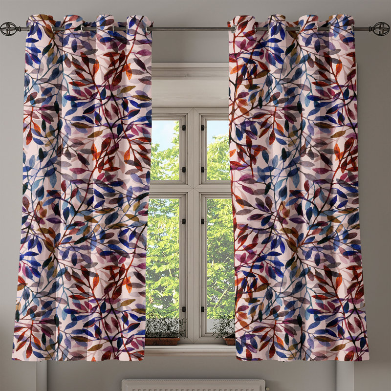Dakota Fields Retro Grommet Curtain Autumn Minimalist Leaves Art 50" x 54" Dark Rust Lavender and Blue, 50" W x 108" L