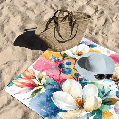 1Pcs White Magnolia Floral Watercolor Beach Towel, Vibrant Splash Design, Absorbent Microfiber for, Pool, Travel, Outdoor