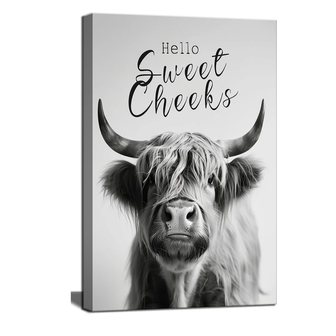 Funny Highland Cow Bathroom Canvas Wall Art Black And White Highland Cow Poster Prints Humor Animals Bathroom Painting Hello Sweet Cheeks Cow Picture