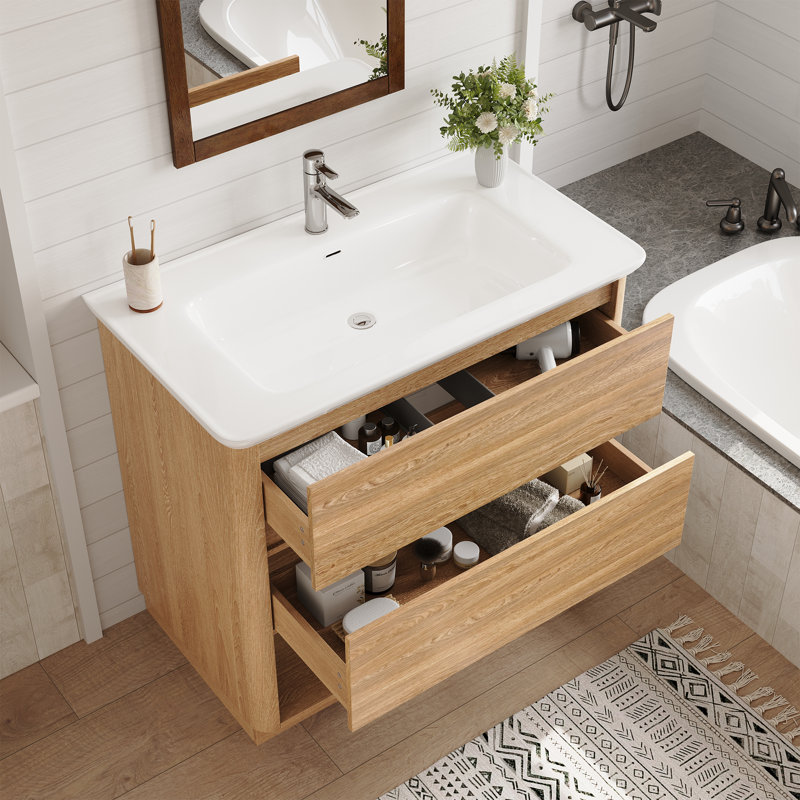 Meuble-lavabo autoportant de 91 cm (36 po), armoire en bois naturel, lavabo encastré en céramique blanche avec trop-plein, 2 grands tiroirs et espace de rangement ouvert en bas, meuble de rangement moderne pour salle de bain