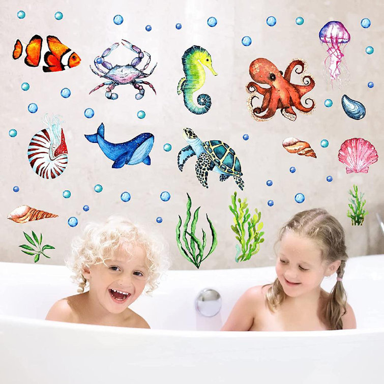 52 Piece Ocean Fish Under The Sea Stickers Removable Waterproof Peel and Stick for Kids Bathroom Watercolor Ocean Decor Wall Décor Latitude Run