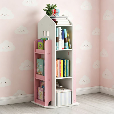 Pink and White House Shaped Rotating Kids Bookshelf, 4-Tier 360-Degree Swivel Floor Bookcase with Side Compartments