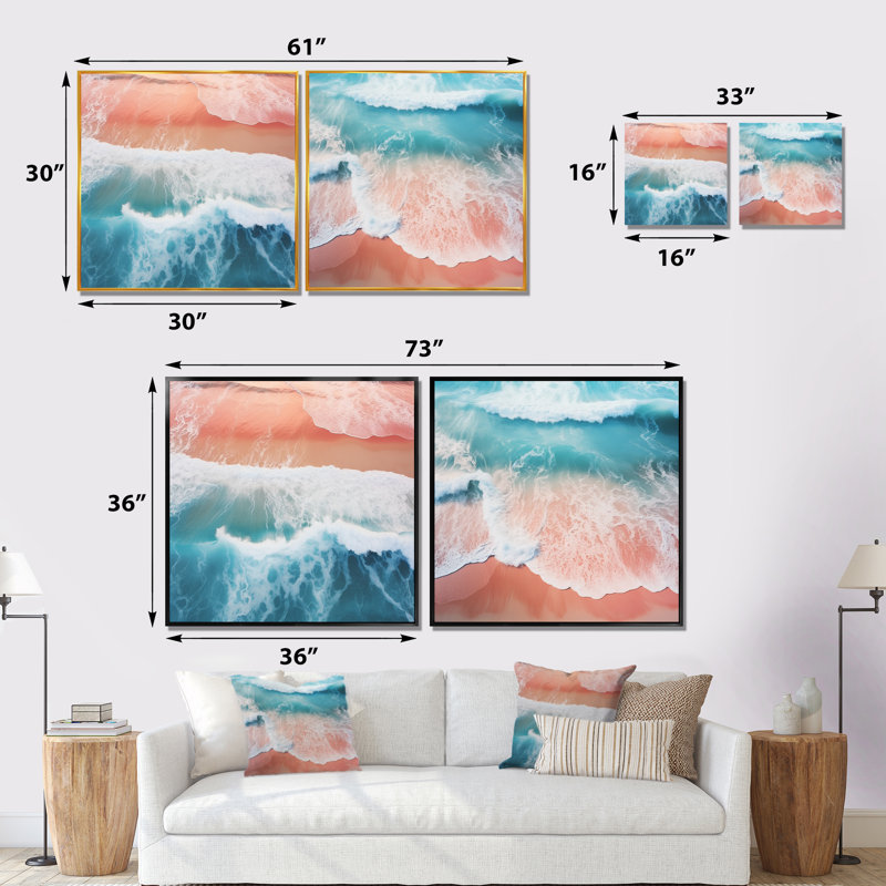 Plage bleue et rose vue aérienne I - ensemble de 2 impressions sur toile de plage côtière, Toile tendue