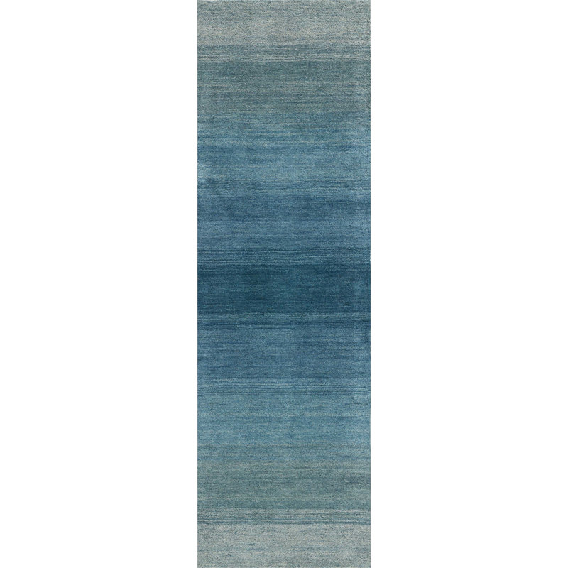 Tapis bleu en laine noué à la main Linear Glow, Tapis de couloir 2 pi 3 po x 7 pi 6 po