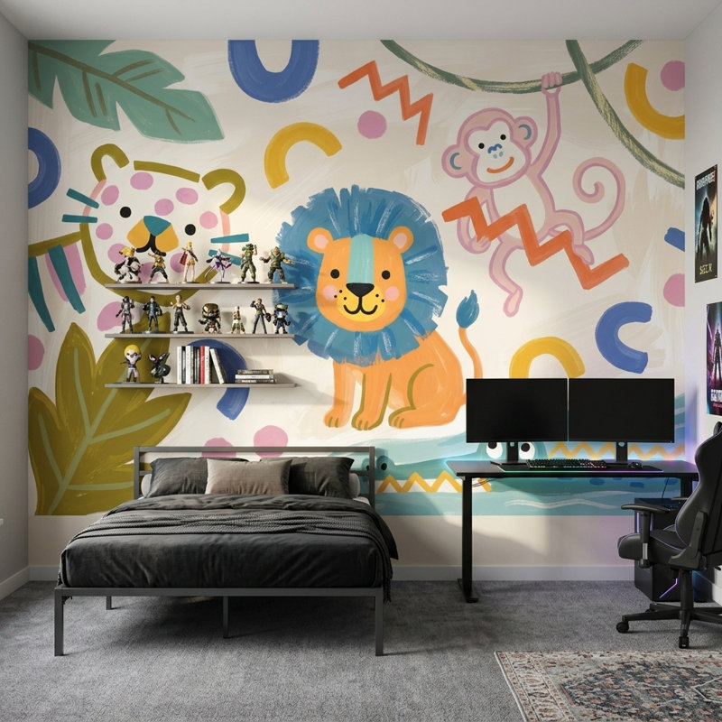 Adhésif mural Jungle Animals, 140 po x 108 po, Peler et coller