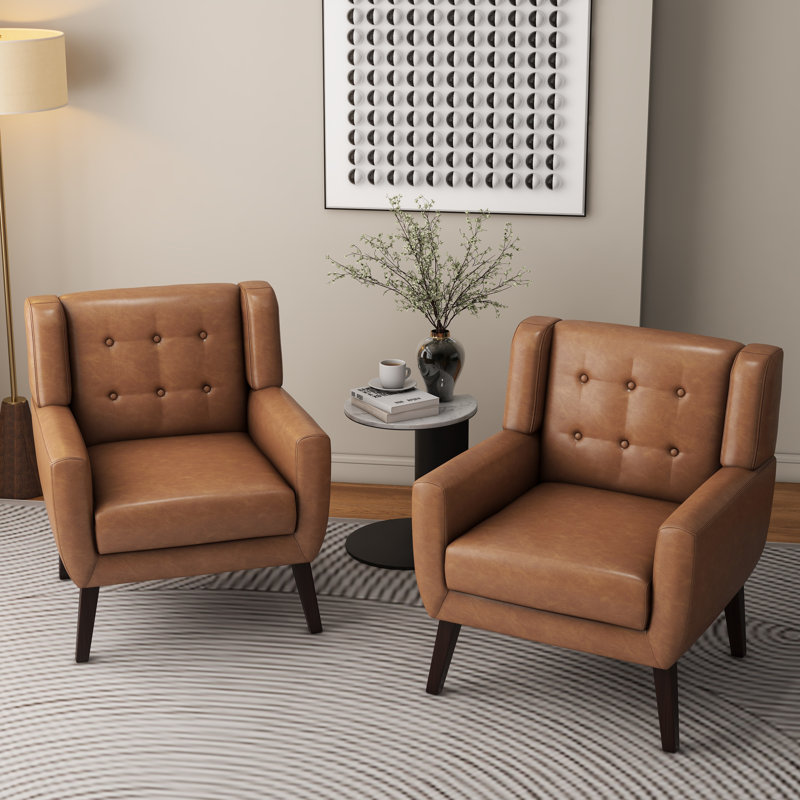 Jaqueze Upholstered Brown Faux Leather Tufted Square Arm Accent chair, Brow Faux Leather