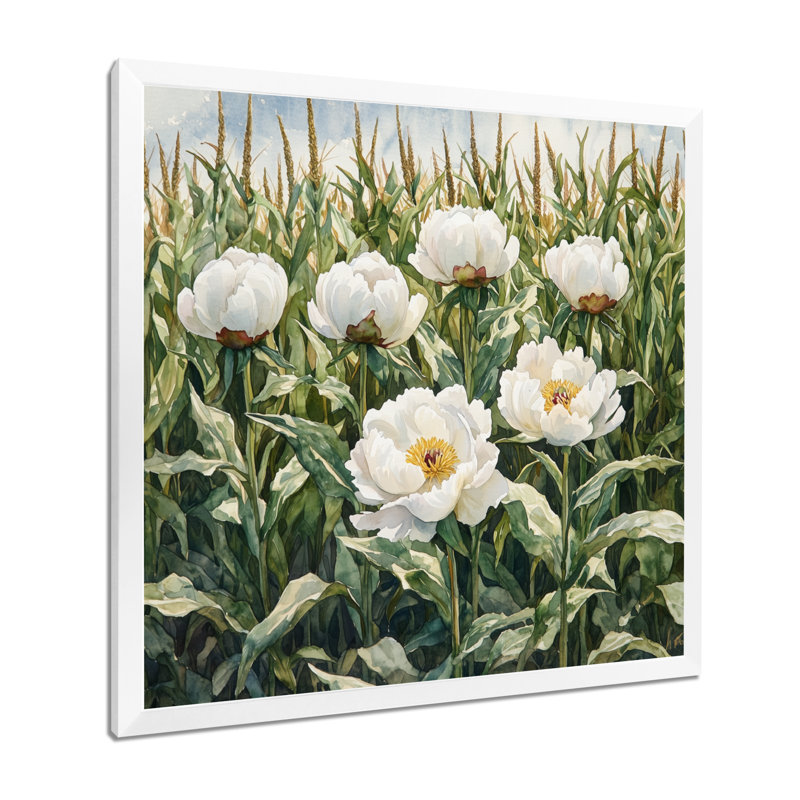 Été pivoines dans le champ de maïs I - pivoines, art mural, H 16 po x l 16 po, Reproduction encadrée d'une seule photo, Blanc