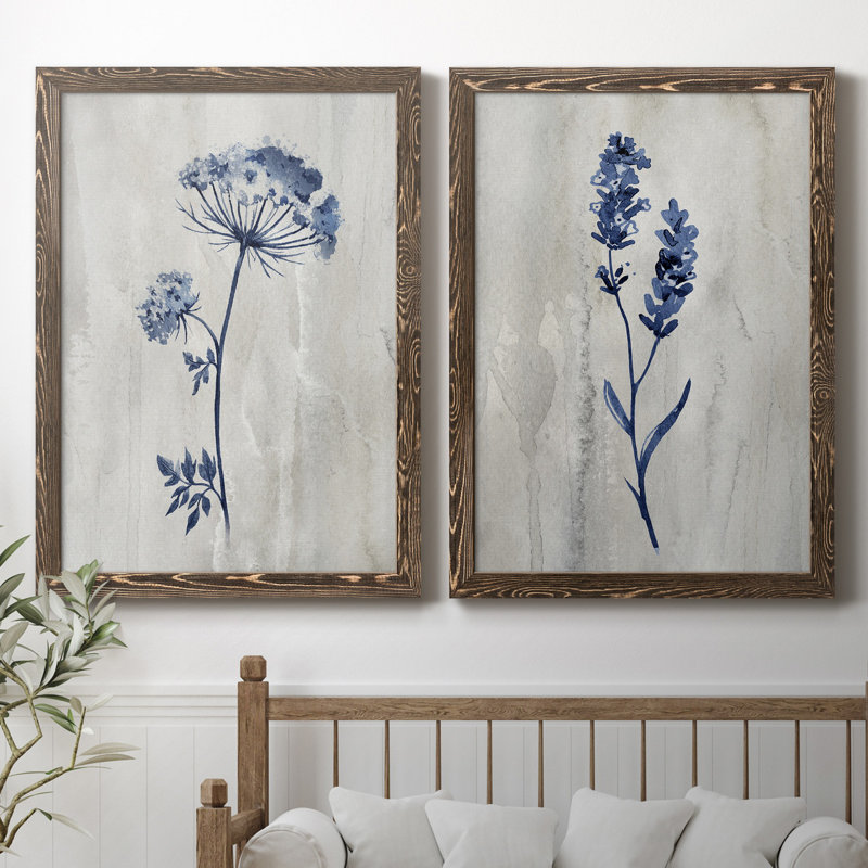 «Indigo Botanical I», ensemble de 2 reproductions d'impressions, Toile encadrée, H 37,5 po x l 27,5 po x P 1 po, Noyer