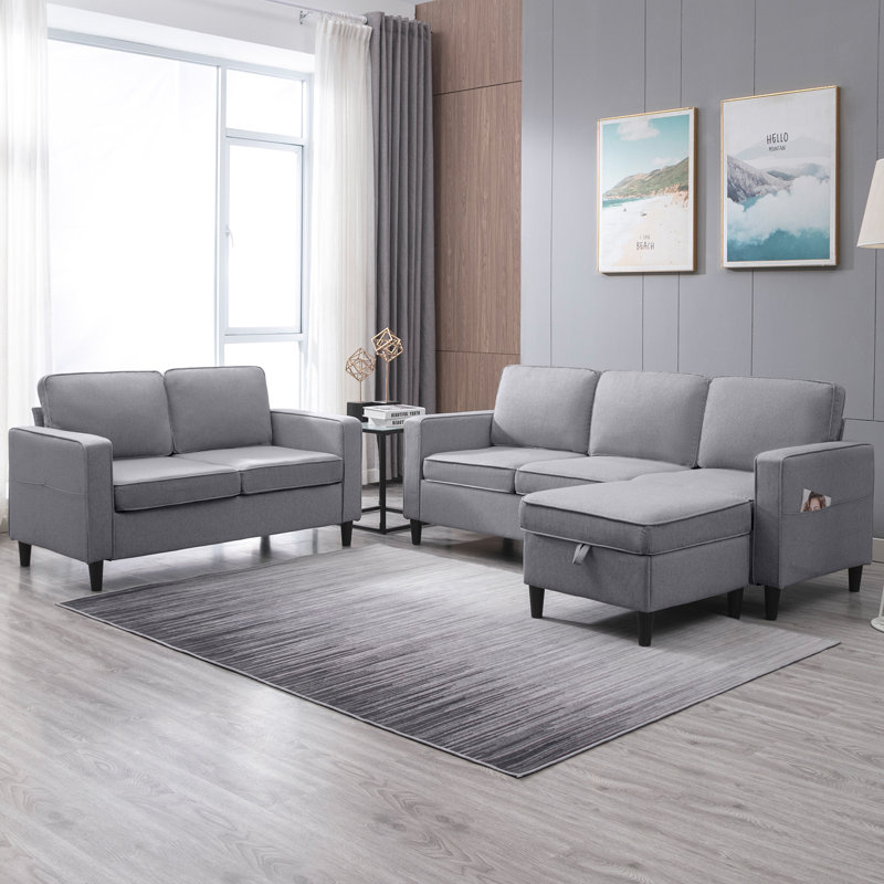 3 - Piece Living Room Set, Light Gray Cotton Blend
