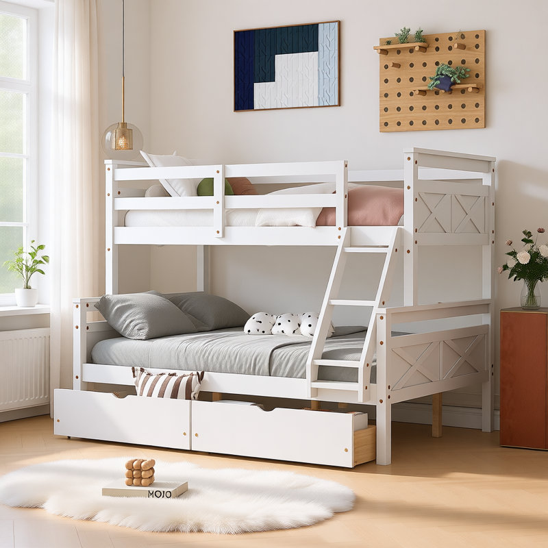 Lit superposé simple au-dessus de double avec échelle et deux tiroirs de rangement, structure convertible en bois massif avec garde-corps