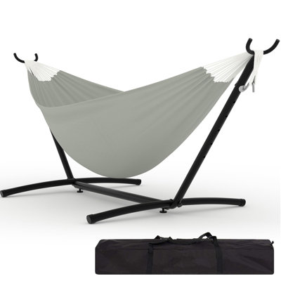 Hamac double avec support en acier peu encombrant, hamac robuste pour 2 personnes avec sac de transport, assemblage facile, capacité de 350 lb pour le camping dans la cour intérieure et extérieure, gris clair